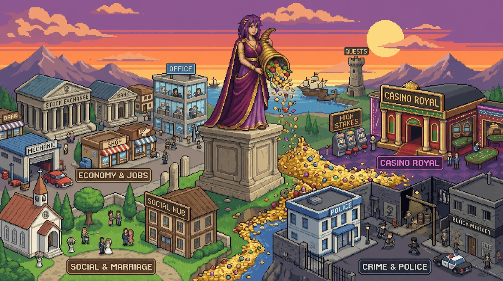 The world of Fortuna — casino, stock exchange, social hub, and police station in one pixel-art city